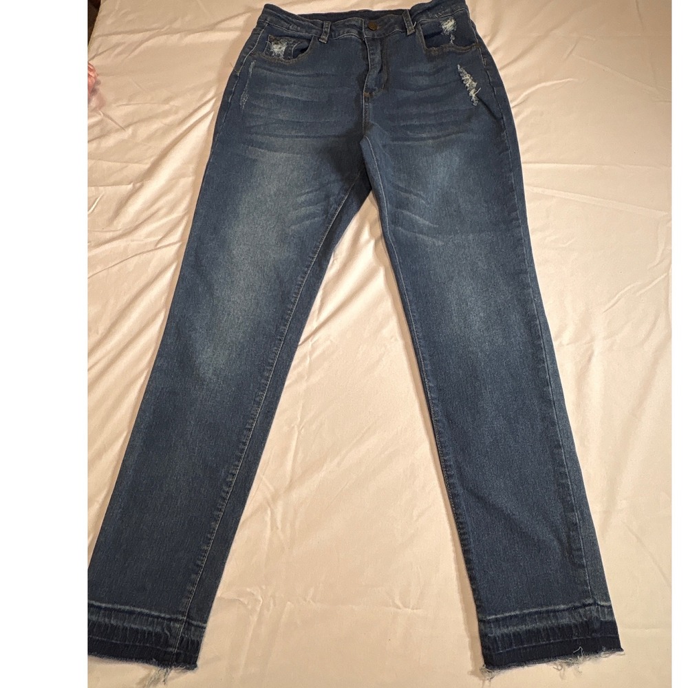 Distressed High Rise Skinny Jeans Medium Wash Released Raw Hem Size M